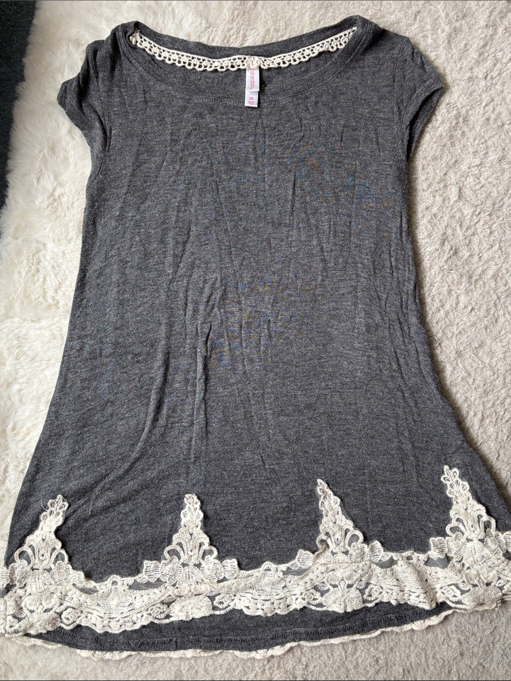 Xhilaration Gray Top with Cream Lace Trim